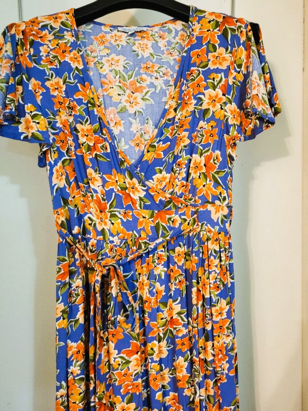 Patrons of Peace Maxi Sundress. Blue, Orange & white Floral. Size Small - Picture 4 of 16